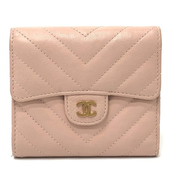 CHANEL V-stitch chevron compact wallet, tri-fold lambskin, women's, pink beig... - Picture 1 of 16